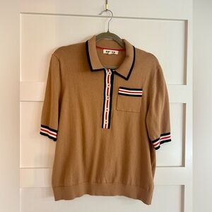 Boden Camel Short Sleeve Polo Shirt with Striped Accents
Size Large